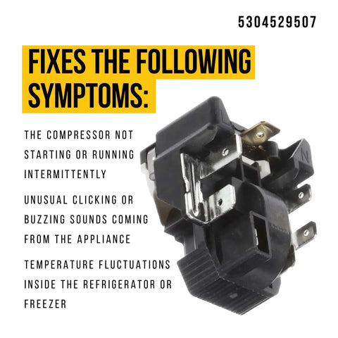 5304529507 Start Device for Frigidaire Refrigerator Replacement, Replaces AP7033330 and PS16620630, shown with symptoms list