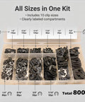800 Piece E Clip Retaining Ring Kit With 10 Sizes In Manganese Steel Pro Grade E Rings displayed in an organized case