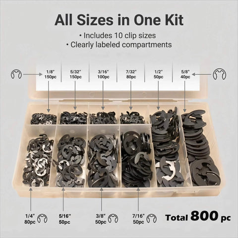 800 Piece E Clip Retaining Ring Kit With 10 Sizes In Manganese Steel Pro Grade E Rings displayed in an organized case