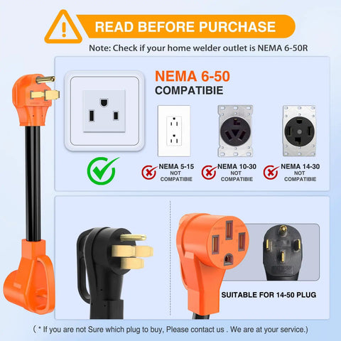 Heavy Duty 50 Amp EV Charger Adapter Cord From 6-50P Welder Outlet To 6-50R 250V compatibility diagram with NEMA plugs