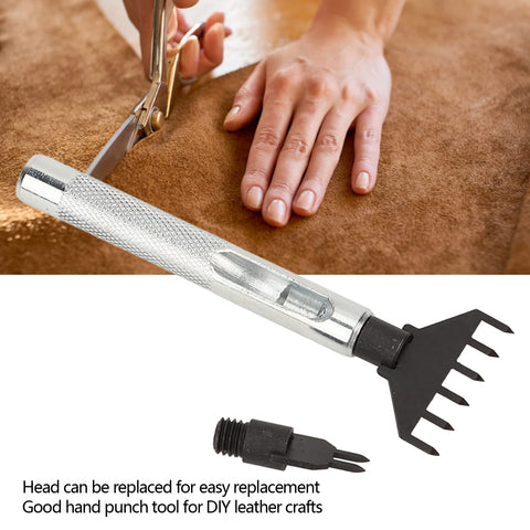 Prong Chisel Kit For Leather Stitching And Belt Punching with Replaceable Blades, handle and accessories, shown on leather surface