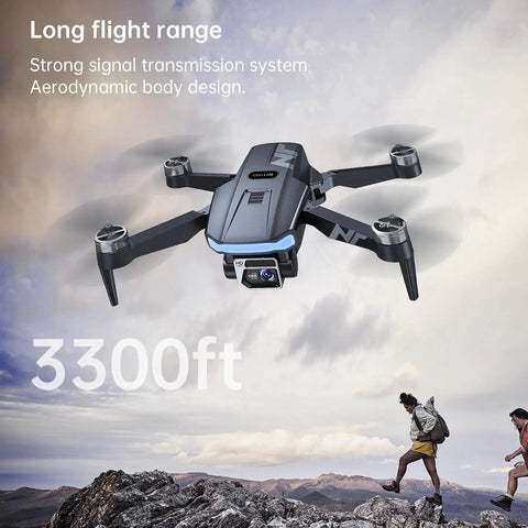 4K UHD GPS Drone With Camera For Adults And Newbies in flight over rocky terrain, showcasing long range and brushless motors.