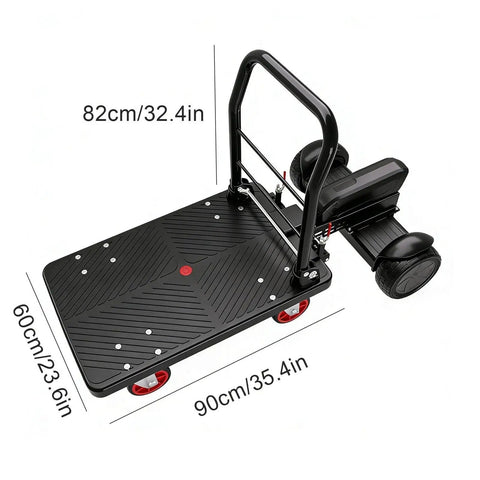 Heavy Duty Electric Push Cart Dolly With 300KG Capacity And Massive 800W Motor For Easy Warehouse Order Picking, side view with dimensions.