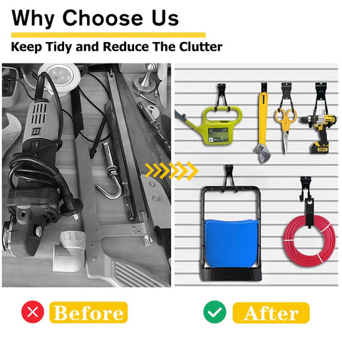 Heavy Duty Slatwall Hooks 22 Pack Set With Multi Size U And J Hooks For Ladders Bikes Garage And Garden Tools, before and after organization