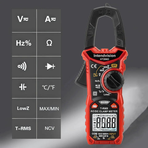 Digital Clamp Meter With True RMS For AC And DC Voltage And Current Auto Ranging Pro Grade Multimeter Tests Resistance HT206D