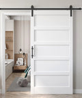 Front view of White 42x84 Inch Barn Door With 7 Foot Sliding Door Hardware Kit Included And Handle, 5 panel design installed in room