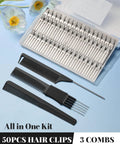 50 Pack Heavy Duty Metal Pin Curl Clips With Three Essential Loc Combs For Strong Braid Support Flex And Twist Mastery That Slays On Every Crown in a kit.