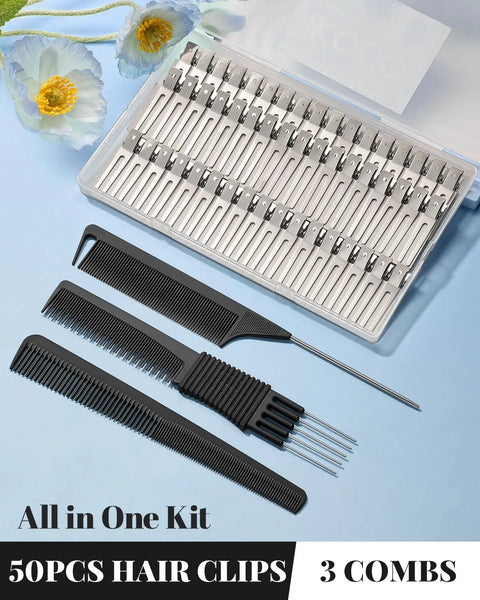 50 Pack Heavy Duty Metal Pin Curl Clips With Three Essential Loc Combs For Strong Braid Support Flex And Twist Mastery That Slays On Every Crown in a kit.