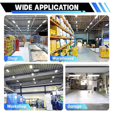 Wide application of 4 Pack LED Linear High Bay Lights Power Options 300W 240W 200W 40500LM 5000K Daylight Dimmable in shop, warehouse, workshop, garage.