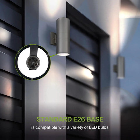 Two Light Outdoor Wall Light Fixtures Dope Dual Up Down Cylinder Sconce 120V E26 Sockets Weatherproof Steel Exterior Lighting For Front Door Porch Patio Works With LED CFL Incandescent Bulbs 2 Pack