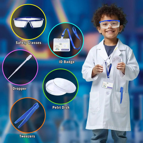 Totally Fun Kids Science Costume Lab Coat Kit With Goggles ID Card Petri Dishes Dropper And Tweezers For Pretend Play
