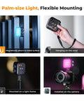 RGB Video Light 360 Degree Full Color Portable Photography Light mounted, magnetically attached, on wrist and camera.