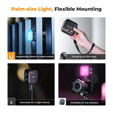 RGB Video Light 360 Degree Full Color Portable Photography Light mounted, magnetically attached, on wrist and camera.