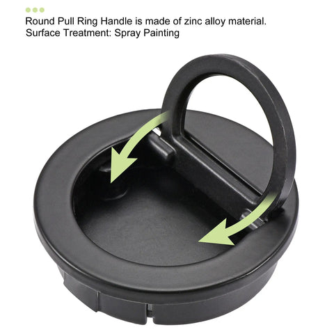 Flush Pull Ring Handle 40x10mm Black Zinc Alloy, front view with raised ring and spray painted finish, for flat surfaces and easy mounting.