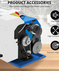 Metal lathe machine side view showing blue base and white housing with exposed gears and a 5-inch chuck.
