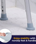 Close-up of legs of Shower Chair With Back Support For Safe Easy Bathing In The Tub Adjustable Bathroom Bench with non-slip suction feet