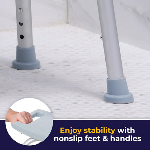 Close-up of legs of Shower Chair With Back Support For Safe Easy Bathing In The Tub Adjustable Bathroom Bench with non-slip suction feet
