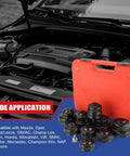 15 Piece Oil Filter Cap Wrench Tool Set with universal cup type socket next to open car engine for easy car maintenance