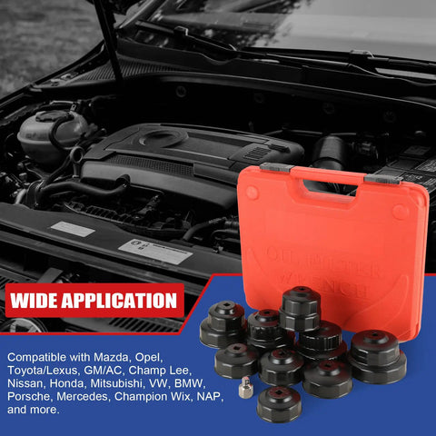 15 Piece Oil Filter Cap Wrench Tool Set with universal cup type socket next to open car engine for easy car maintenance