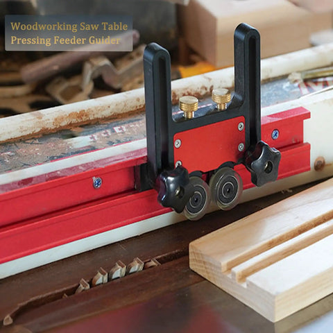 Boss Level Table Saw Feeder Jigs Built From Premium Anodized Aluminum With Silent Dual Bearing Rollers For Nailed Wood Feed Control And Sharp Cuts Daily on a woodworking table.