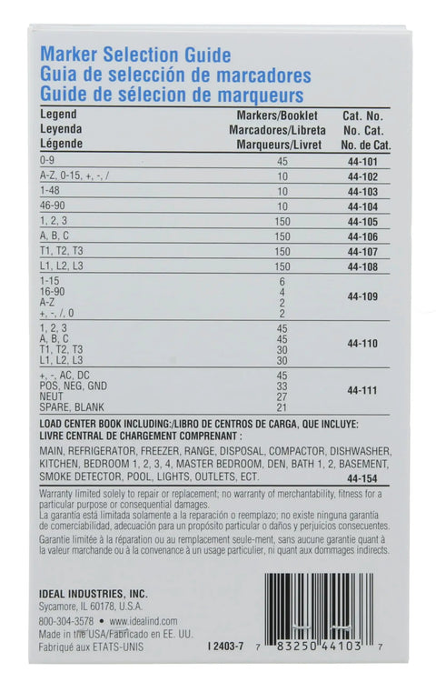 Pro Grade Wire Marker Booklet chart with marker selection guide and load center book details