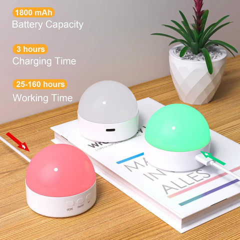 Portable Night Light With Dimmable RGB 8 Color LED, 1800mAh Rechargeable Battery, Kid Friendly Compact Tiny Lamp on a desk