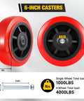 6 Inch Polyurethane Caster Wheel Set Of Four Heavy Duty Load Capacity 4000 Lbs With Dual Ball Bearings, product dimensions displayed.