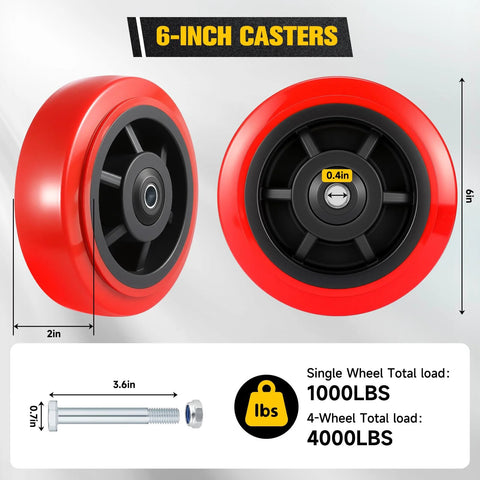 6 Inch Polyurethane Caster Wheel Set Of Four Heavy Duty Load Capacity 4000 Lbs With Dual Ball Bearings, product dimensions displayed.