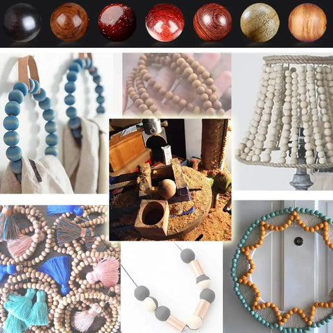 Collage of DIY projects using Bead Maker Drill Bit Set for Woodworking, 18 pcs carbide beading bits 14-25mm, including jewelry and decor
