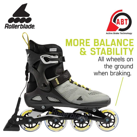Macroblade 80 ABT Men's Inline Skates for Fitness and Training, Silver and Neon Yellow, showing ABT braking tech and design