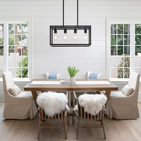 Black Farmhouse 4 Light Dining Room Chandelier With Rectangular Pendant Lights For Kitchen Island Modern Dope Adjustable Height Metal Lighting Fixture E26 Base