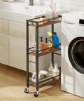 Slim Rolling Cart On Wheels For Small Spaces Mobile Kitchen Cart With Narrow Design Three Tier Wooden Service Cart in laundry room