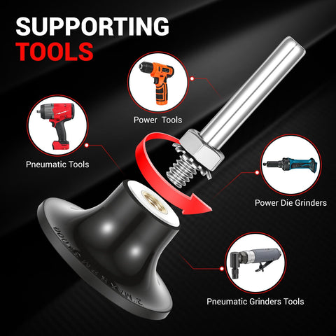 Diagram of Two Pack 2 Inch Quick Change Disc Pad Holder with hex shank and compatible tools for die grinder, drill, impact driver.