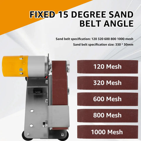 Image of Professional Mini Belt Sander With Seven Variable Speeds, showing fixed 15 degree sand belt angle and sand belt specifications.