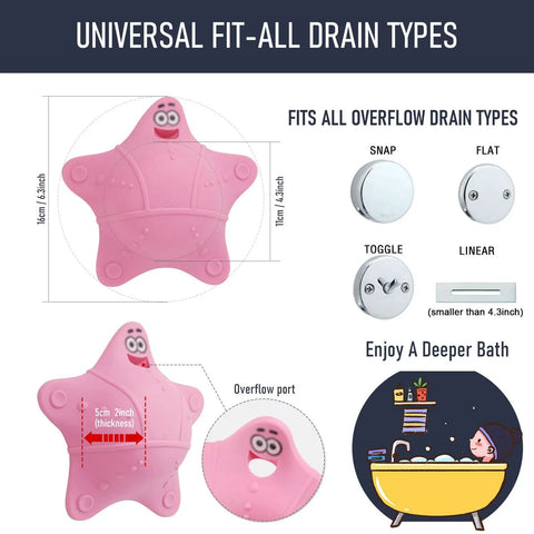 Kid Safe Silicone Bathtub Overflow Drain Cover With Five Rock Solid Suction Cups keeps water in with a pink starfish design.