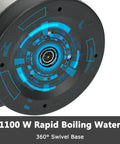 Bottom view of Stainless Steel Electric Kettle 1.8L With 1100W Rapid Boil, BPA Free Tea And Coffee Maker, showing 360 Degree Swivel Base.
