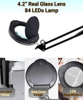 15X Magnifying Glass Desk Lamp With Clamp Real Glass Lens Dust Cover 84 LEDs 5 Color Modes 10 Brightness Levels Flexible Swing Arm