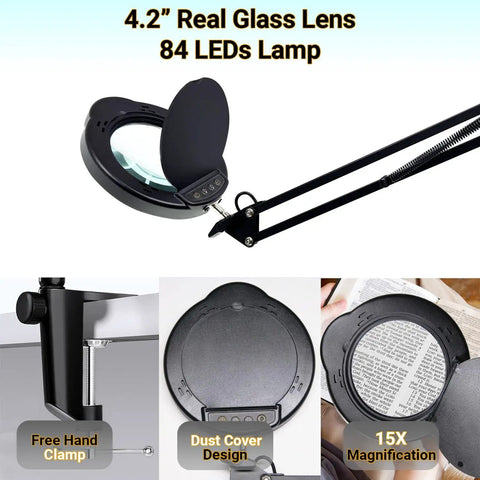 15X Magnifying Glass Desk Lamp With Clamp Real Glass Lens Dust Cover 84 LEDs 5 Color Modes 10 Brightness Levels Flexible Swing Arm