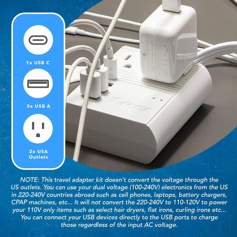 World Travel Plug Adapter M8 Max With 3 USB Ports And 18W USB C Fast Charge, 2 US Outlets, shown with multiple devices connected
