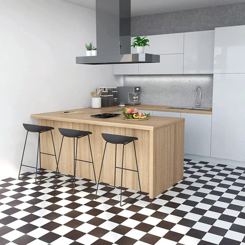 Modern kitchen with wood island and self adhesive 12 inch vinyl floor tiles set of 20 black and white pattern peel and stick DIY flooring