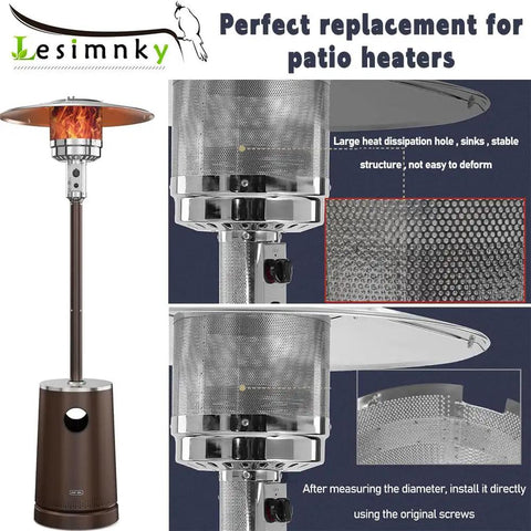 Durable 304 Stainless Steel Double Net Emitter Screen For Gas Patio Heaters Ten And Three Quarters Inch Diameter Tough As Nails Main Burner Cover Replacement Part Built To Last On Most Patio Heaters shown installed on heater with detailed screen view