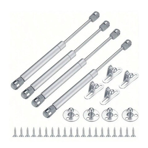 Four Pack Gas Spring Hinges With 100N Lift Support For Cabinet Doors featuring metal and plastic hydraulic shocks with screws.