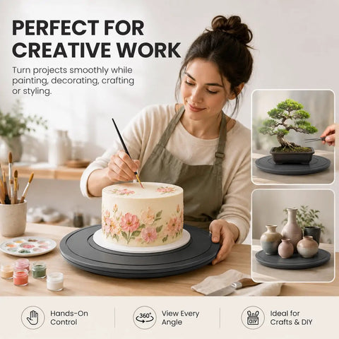 No Fuss 18 Inch Lazy Susan Turntable Dead Solid Swivel Cabinet Tray With Steel Ball Bearings Heavy Duty Desktop Organizer used for decorating a cake.