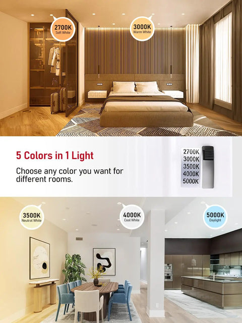 Illustration showing 5 color temperatures from 2700K to 5000K for 12 Pack Four Inch LED Recessed Can Lights Retrofit Kit.