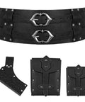 Medieval Wide Belt Set With Leather Belt Large And Small Waist Pouches And Leather Sword Frog For LARP And Halloween Costumes Totally Ready Viking Or Knight All In One Accessory Kit Black Edition.