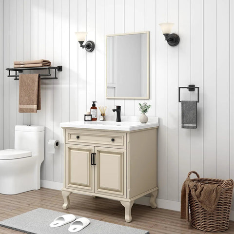 Bathroom with Matte Black Square Towel Holder Stainless Steel Wall Mount Rack, holding a hand towel next to a vanity.