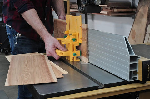 Knuckle Saver 3D Pushblock And One Eighth Inch Grip Leg Combo For Table Saw Safety in use on a table saw with wood pieces.
