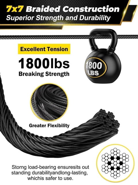 Diagram highlighting 1/8 Black Stainless Steel Cable 500 ft Heavy Duty 7x7 Core for DIY Deck Railing, showing 1800 lbs strength and flexibility.