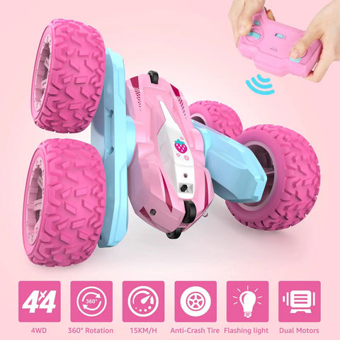 Pink Remote Control Car For Girls, Rechargeable 2.4Ghz RC Truck With Double Sided 360 Degree Rotating Stunts and LED headlights