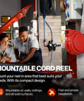 Retractable Extension Cord Reel 80 Ft mounted on wall in garage with workers, featuring triple tap outlet and 12 AWG cable.